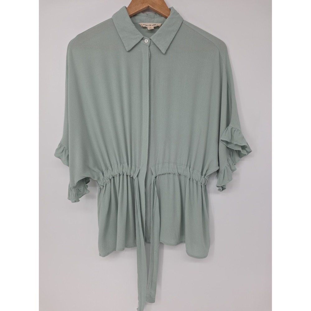 Vine & Love Ruffle Bouse Size Small Mint Green Button Tie Waist Peasant Boho